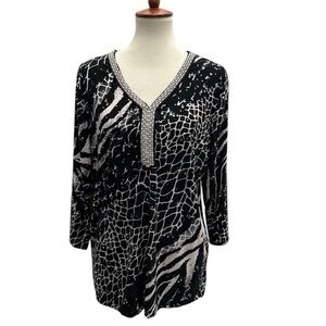 JM Collection Embellished Animal Print 3/4-Sleeve Top Size Petite Xl